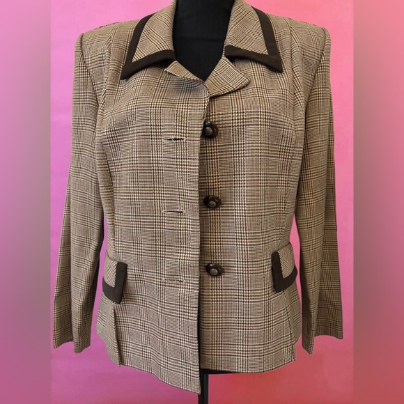 Vintage 80s Virgo II Tan Khaki Brown Houndstooth Blazer w/ Shoulder Pads Size 14 - Picture 3 of 14